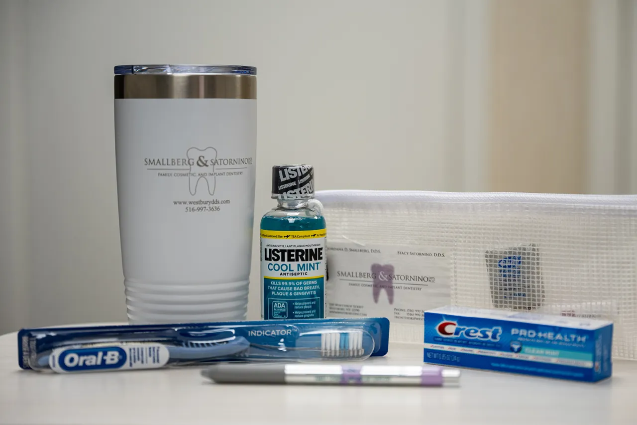 Services 3 Patient welcome kit with toothpaste, floss, and rinse – Routine Cleanings in Westbury, NY – Smallberg & Satornino, DDS, PLLC